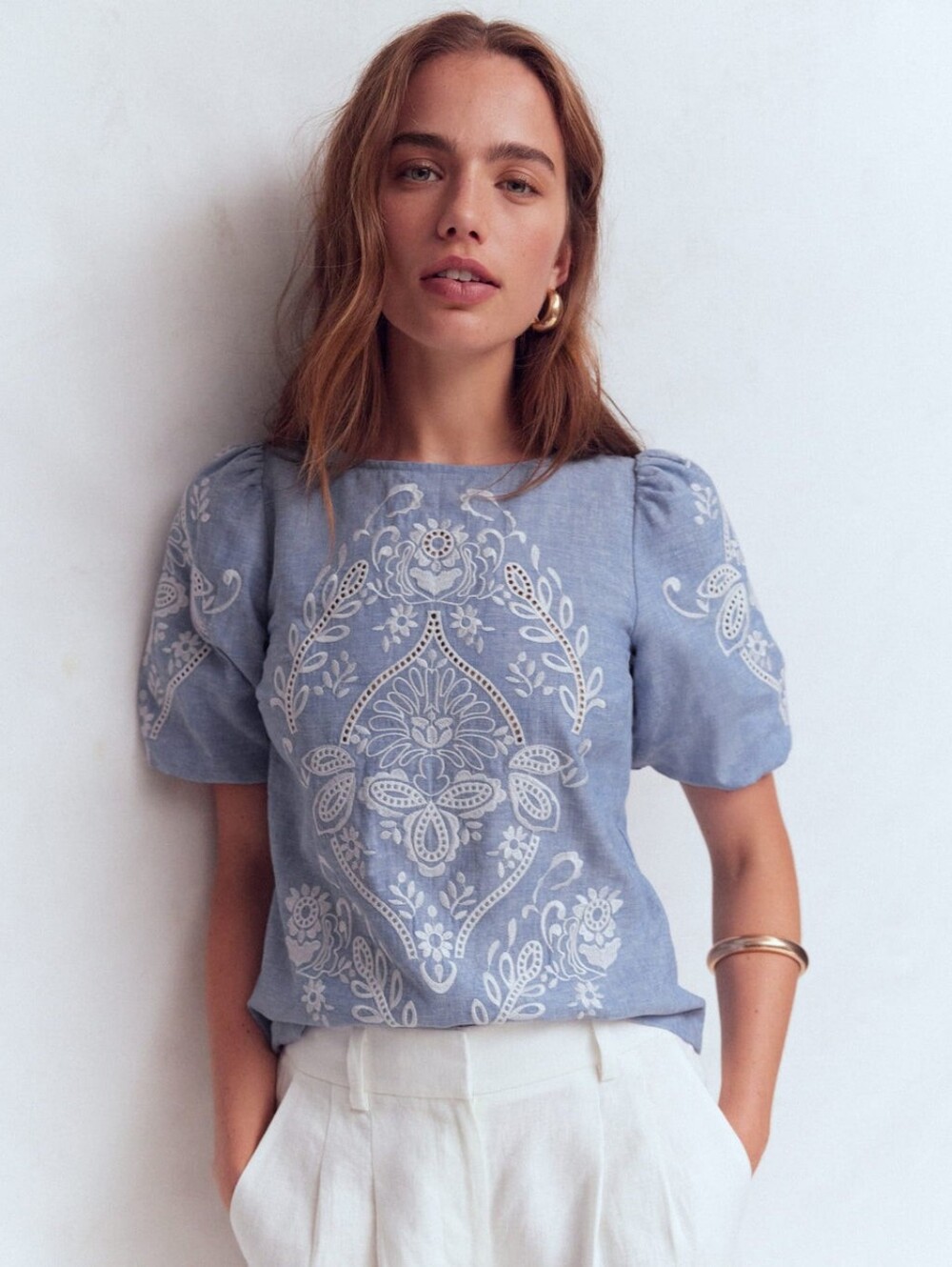 Boden Blue Embroidered Puff-Sleeve Top
